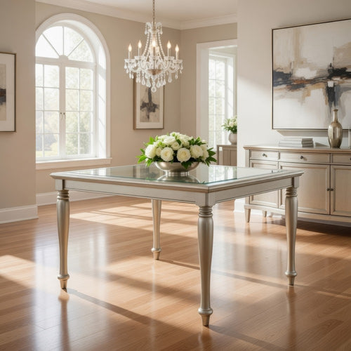 Rectangular Dining Table | Wood | Glass Top Inserts | Turned Legs | Gold