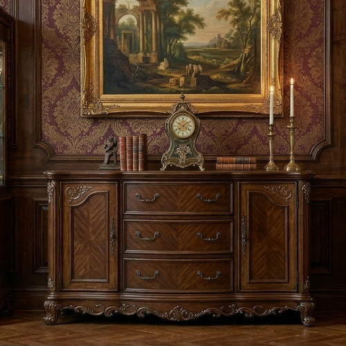 Cabinet Buffet | Wood | 2 Doors | 3 Drawers | Claw Feet | Cherry Brown