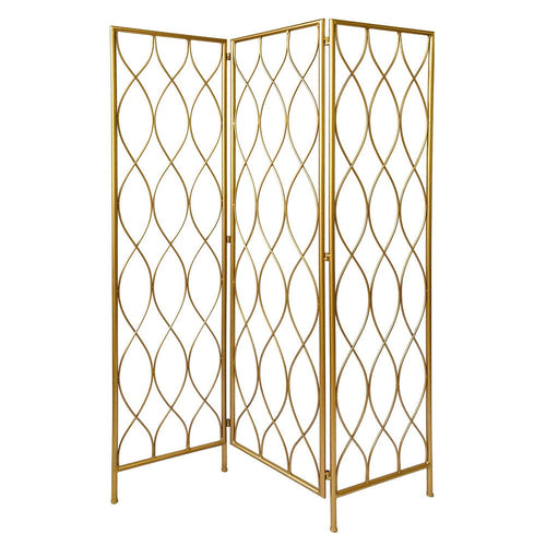 3 Panel Metal Frame Screen with Twisted Oval Design, Gold