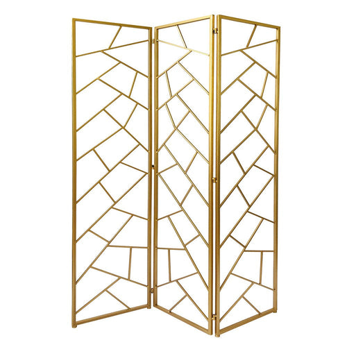 3 Panel Metal Frame Screen with Lattice Cut Out Design, Gold