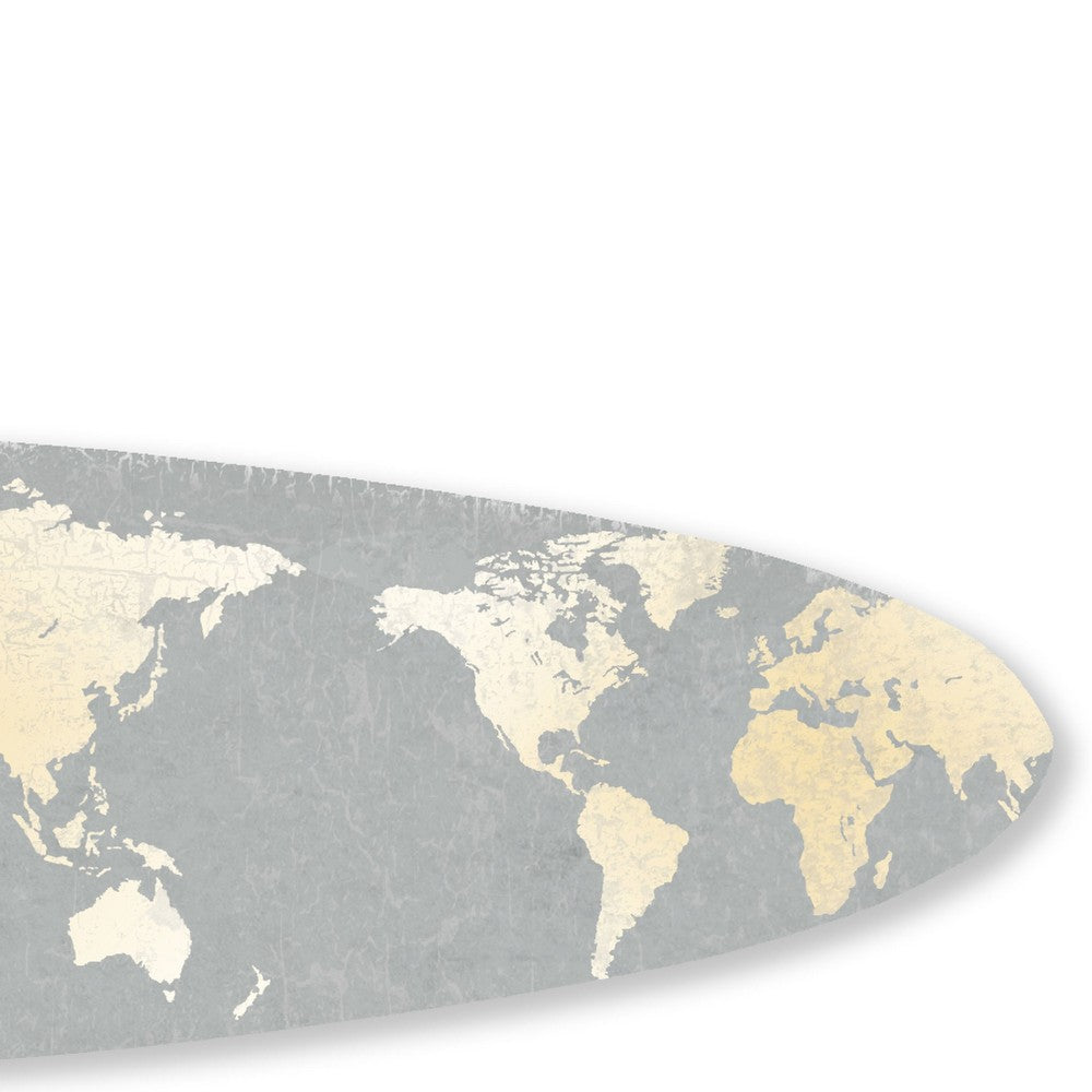 Wall Art | Wood Surfboard | World Map Print | Gray & White