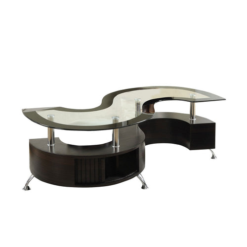 Coffee Table | Contemporary S Shape Wood Base | Glass Top | Silver & Brown