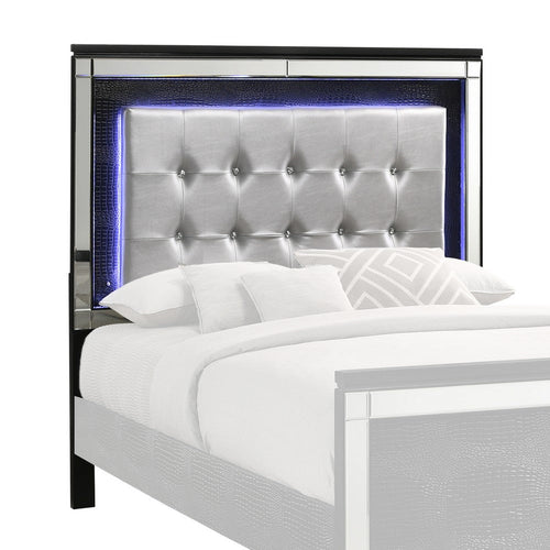 Twin Headboard | Faux Crystal Tufted Fabric | LED Trim | Silver & Black
