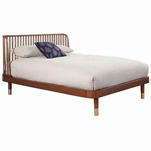 Standard King Platform Bed with Slat Back Rattan Headboard, Brown