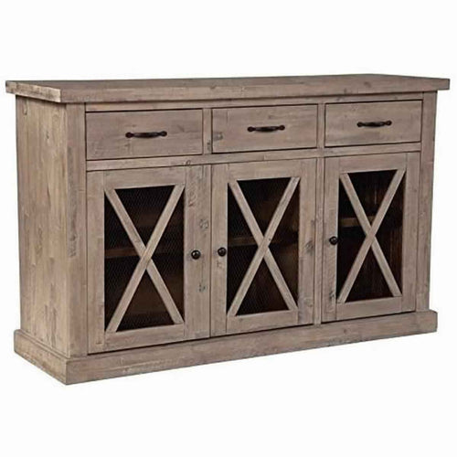 Wooden Sideboard with 3 Drawers and X Front Cabinets, Weathered Oak