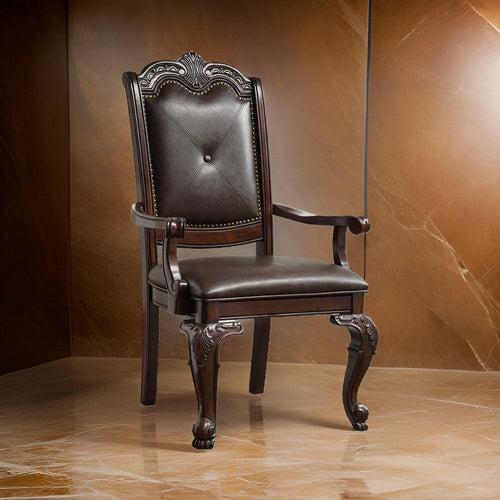 Side Chair | Crowned Top Wood | Faux Leather Seating | Set of 2 | Dark Brown