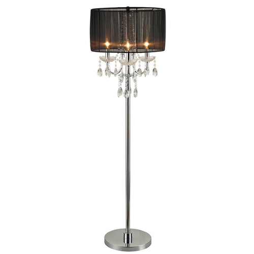 Floor Lamp | Round Fabric Wrapped | Crystal Inlay | Gray & Silver