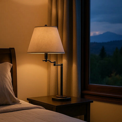 3 Way Metal Table Lamp | Swing Arm | Conical Fabric Shade | Black