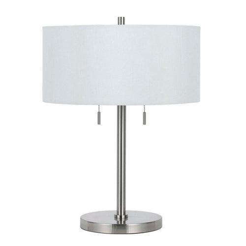 Metal Table Lamp | Fabric Drum Shade | Pull Chain Switch | Silver