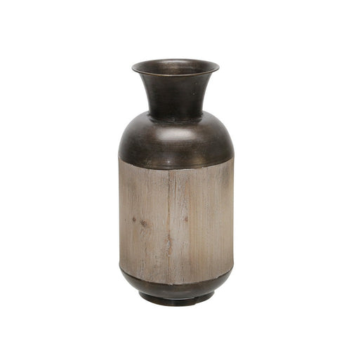 Cylindrical Metal Jar with Wooden Accent and Flared Opening,Black and Brown BM221170