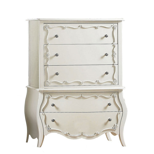 Traditional 5 Drawer Wood Tall Dresser Chest | Curved Base | Rosette Knobs | White