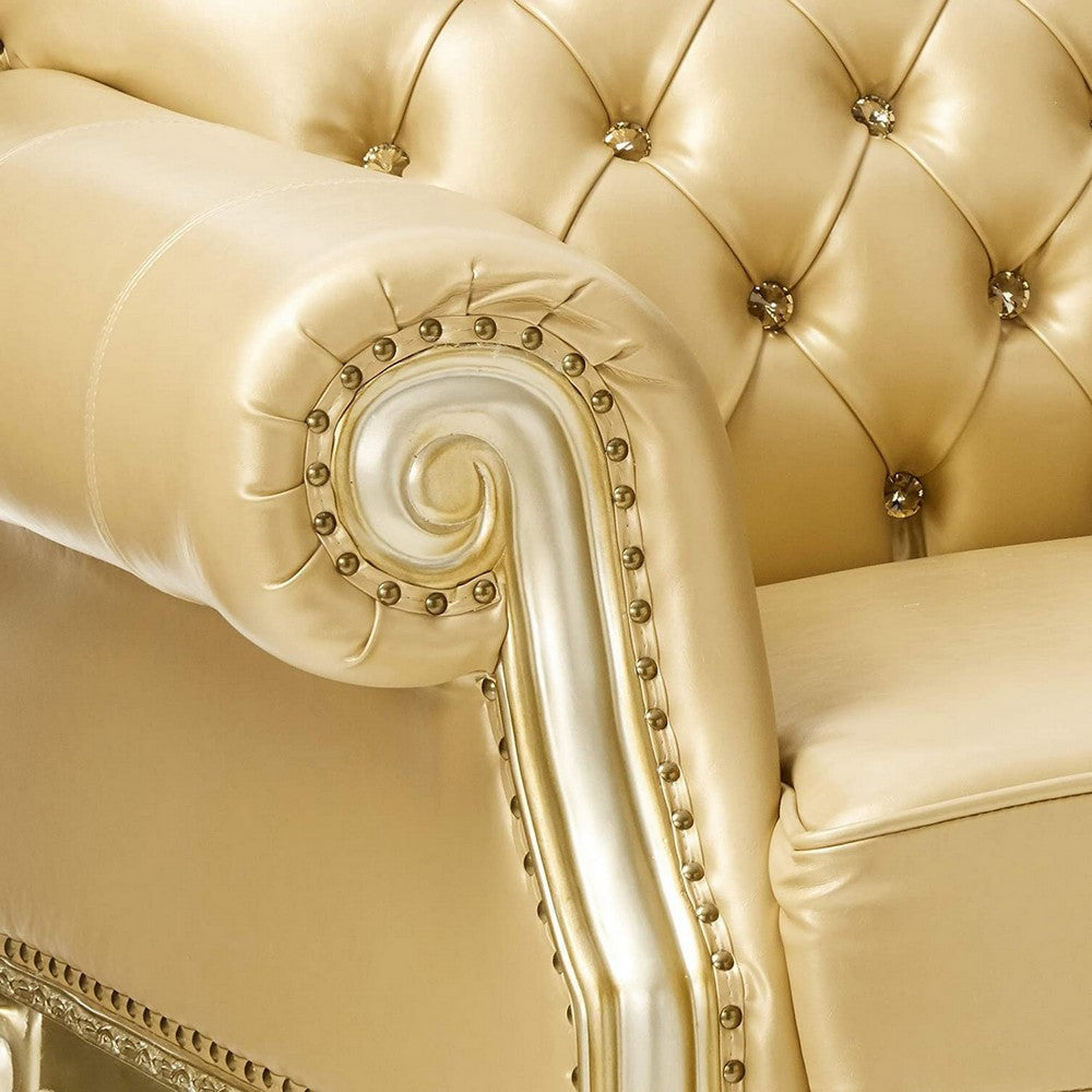 Traditional Button Tufted Leatherette Loveseat with Carved Details Gold BM221376