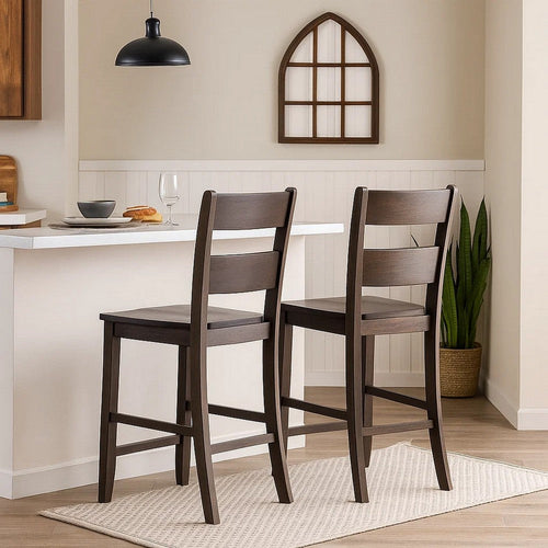 Wood Counter Height Side Chair | Ladder Backrest | Set of 2 | Dark Brown