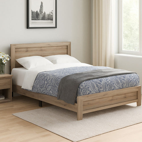 Wood Queen Bed | Rectangular Headboard | Rough Hewn Texture | Brown