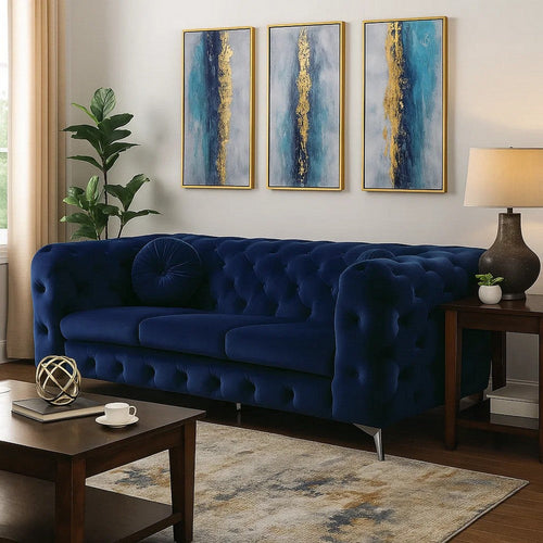 Chesterfield Design Fabric Sofa with Track Arms and Angled Metal Legs, Blue