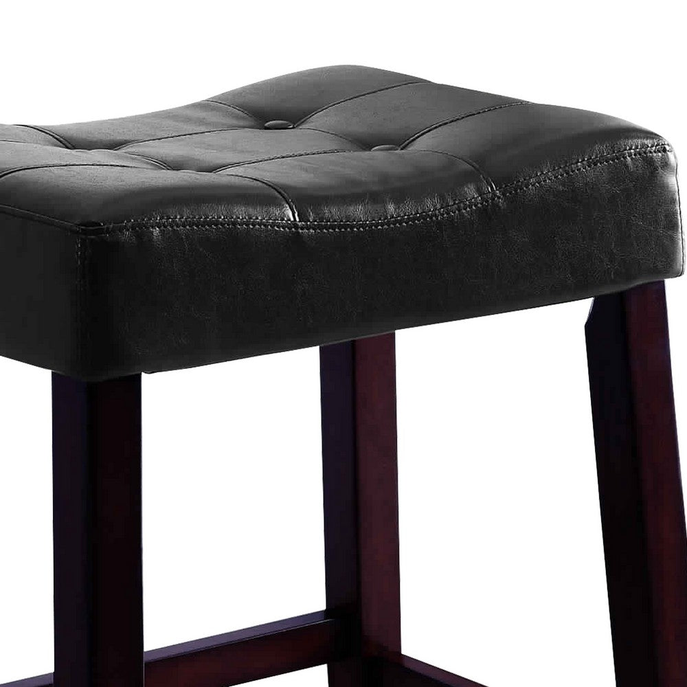 Wooden Stools with Saddle Seat and Button Tufts, Set of 2, Black and Brown