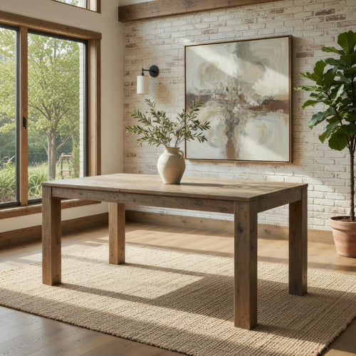 Rectangular Wood Dining Table | Block Legs | Weathered Brown