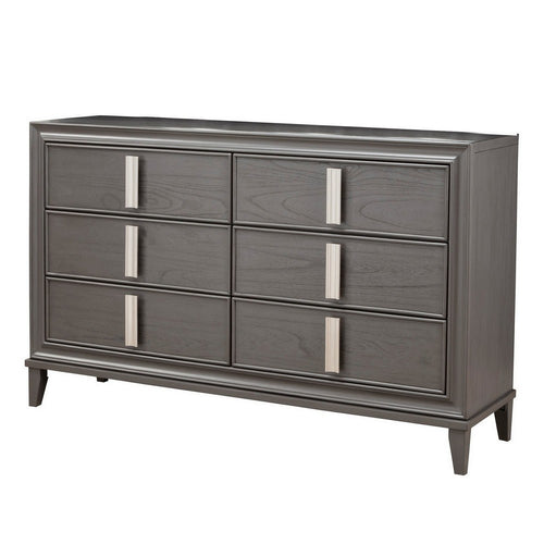 6 Drawer Transitional Style Wood Dresser with Metal Pulls, Gray