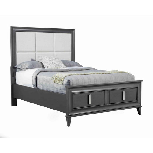 Transitional Standard King Storage Bed with Fabric Headboard, Gray and Cream