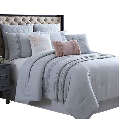 Valletta King Comforter Set | 8 Pieces | Embroidery & Pleats | Gray
