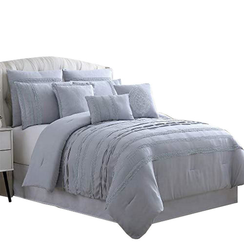 Assisi Queen Comforter Set | 8 Pieces | Reverse Pleats & Lace | Gray