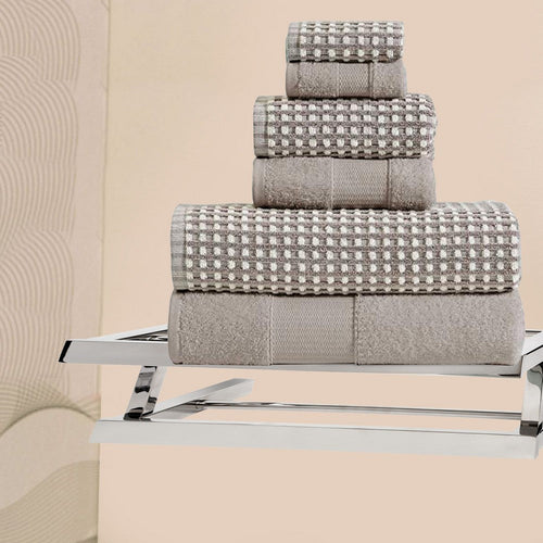 Porto Towel Set | 6 Piece | Dual Tone | Jacquard Grid | Beige