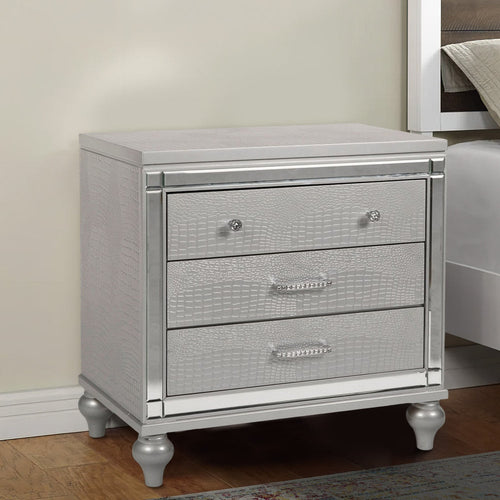 Nightstand | 3 Drawer | Mirror Accents | Crystal Pull Handles | Gray