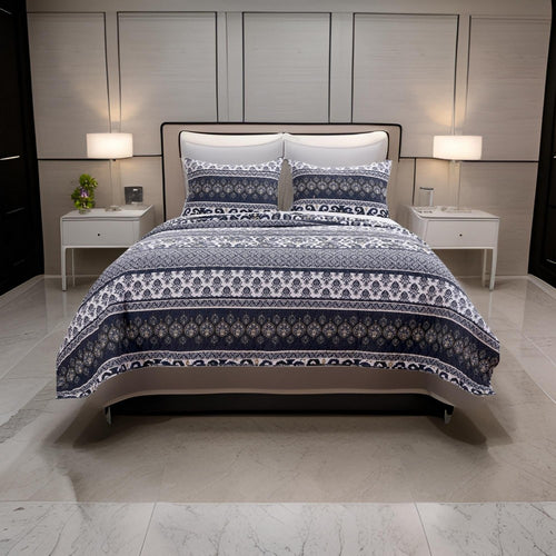 Quilt Set | Queen | Reversible | Ikat & Floral | Blue & White