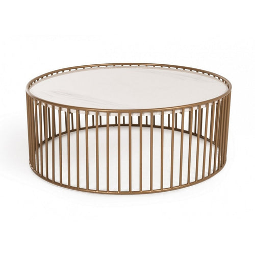 Coffee Table | Round Metal | Faux Marble Tray Top | Gold & White