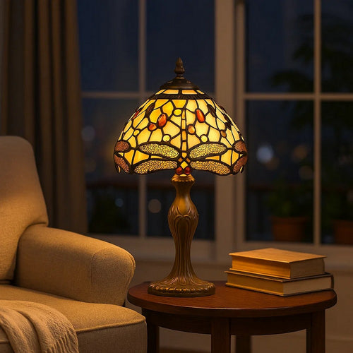 Metal Body Tiffany Table Lamp with Dragonfly Design Shade, Multicolor