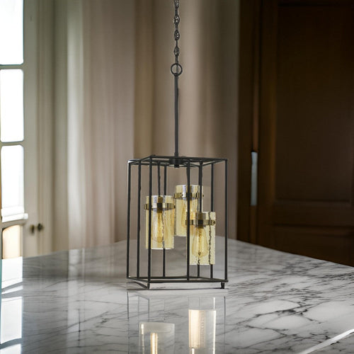 Pendant Fixture | Open Cage | Glass Shade | Black