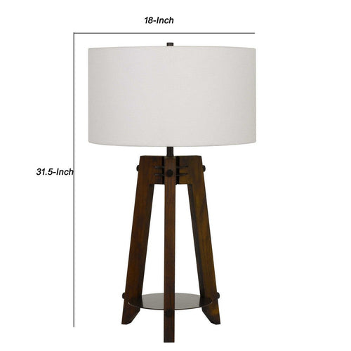 Table Lamp | Drum Shade | Wood Tripod Base | White & Brown