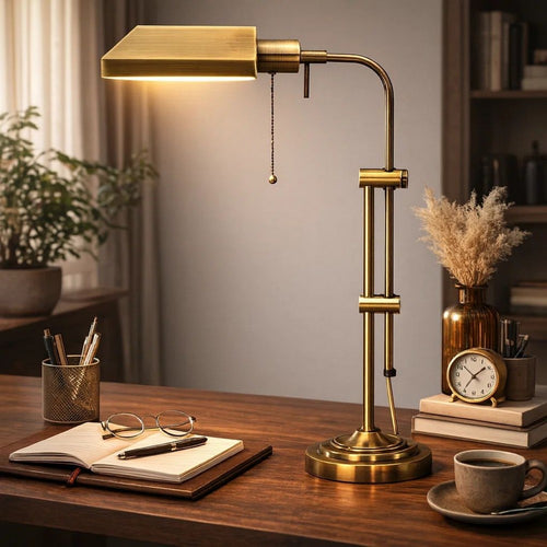 Desk Lamp | Rectangular Metal | Adjustable Pole | Gold