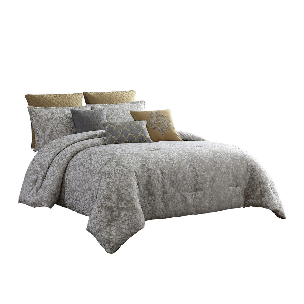 Comforter Set | 8 Piece Queen | Medallion Print | Gray & Gold
