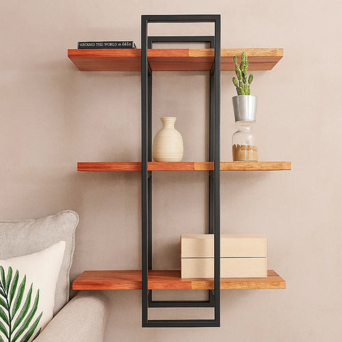 32" 3-Tier Wooden Wall Display with Tubular Frame,Brown & Black By Casagear Home
