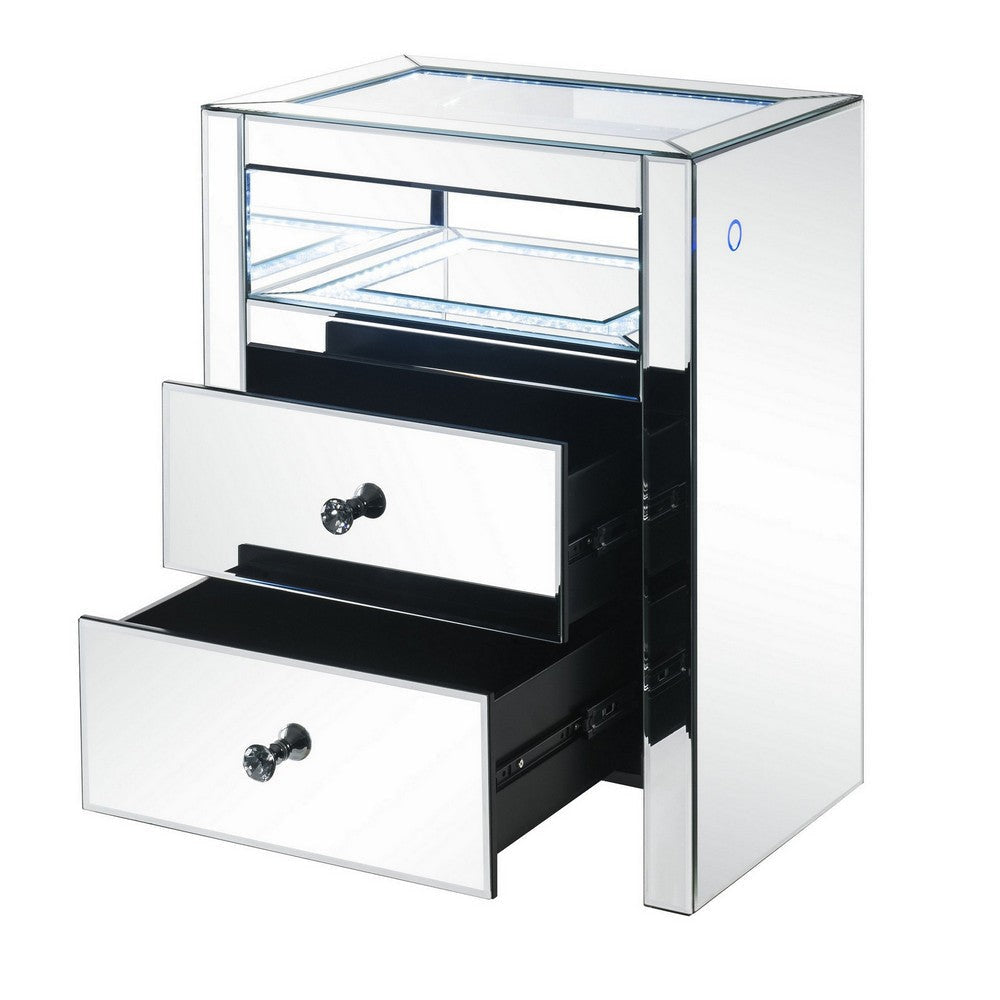 2 Drawer Beveled Mirrored Accent Table with Glass Top and LED Silver BM225703