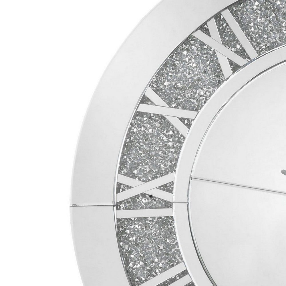 Round Beveled Mirror Frame Wall Clock with Faux diamond Inlay Silver BM225865