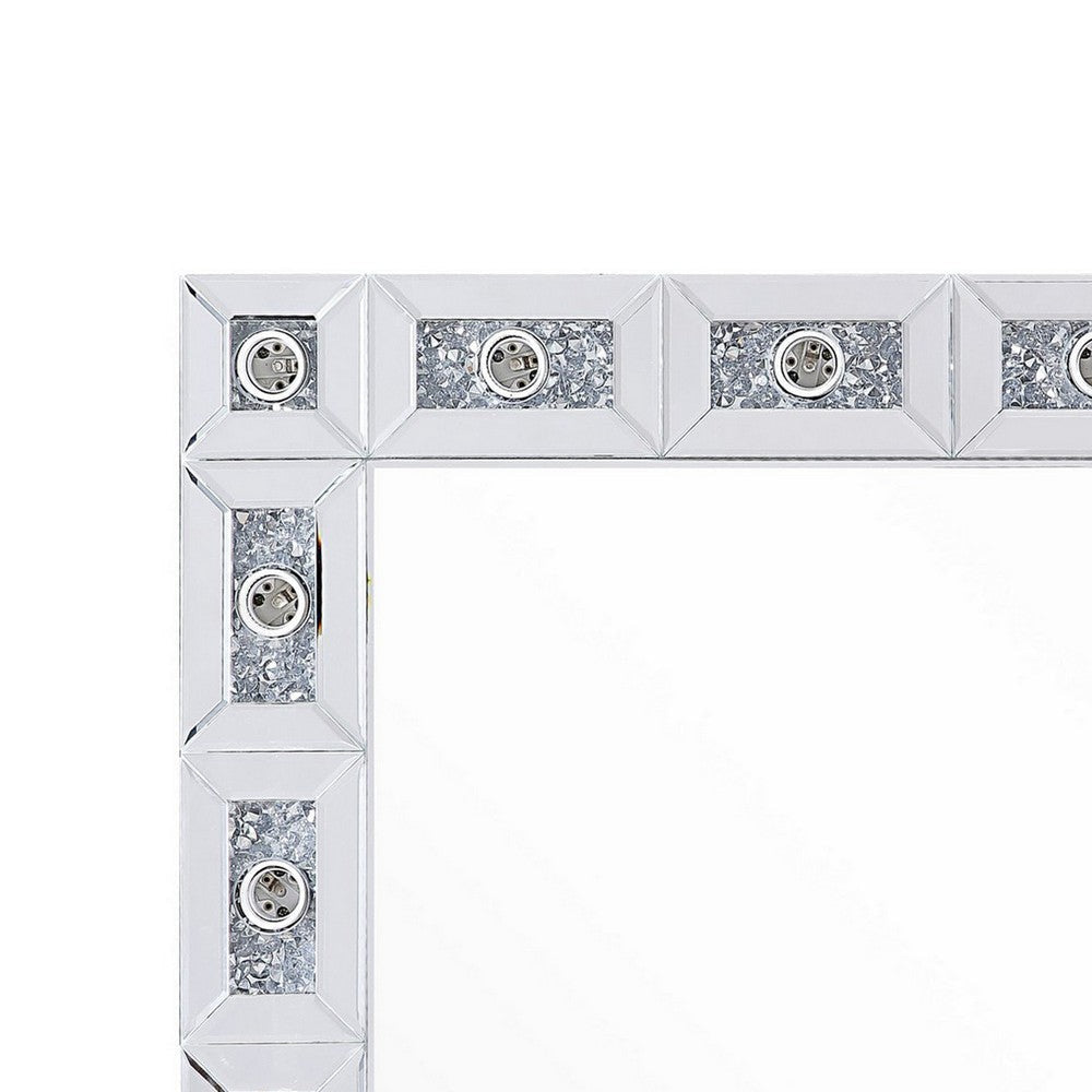 Mirror Panel Frame Wall Decor with Light Function and Faux Diamond Silver BM225873