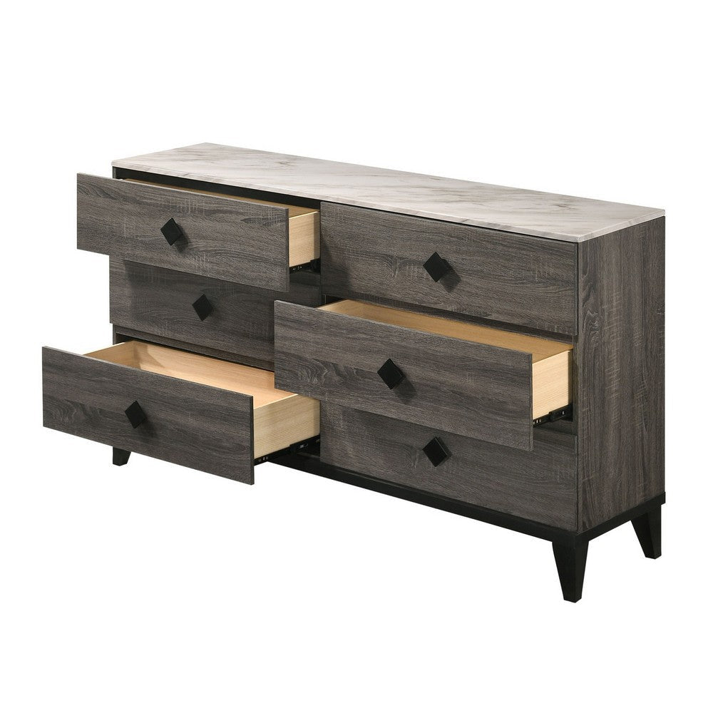 6 Drawer Wooden Dresser with Diamond Metal Knobs Gray and Black BM225917