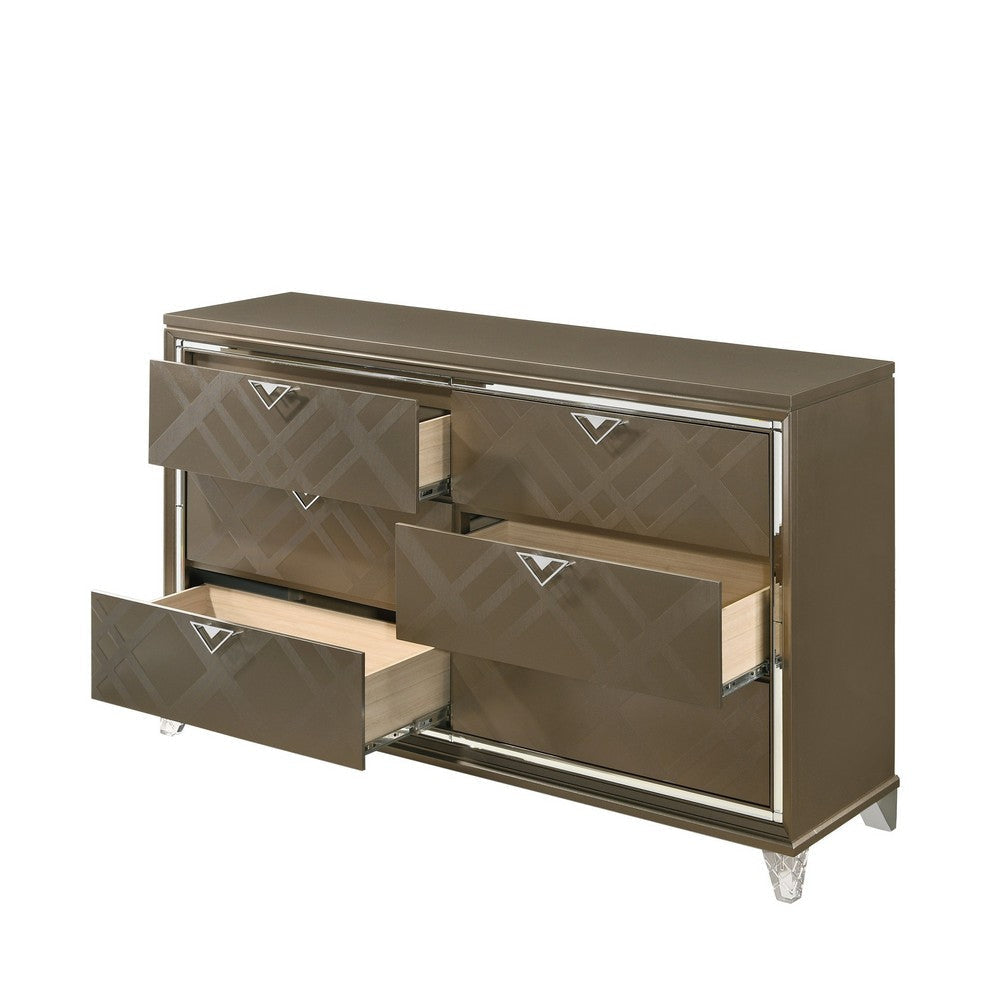 6 Drawer Wooden Dresser with Mirror Accent and Acrylic Legs Taupe Brown BM225966