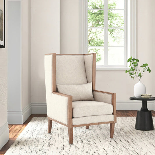Wooden Frame Accent Chair with High Wingback and Track Arms,Beige and Brown By Casagear Home