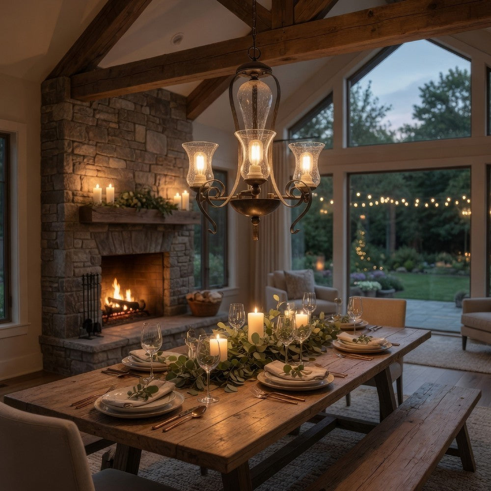 Chandelier | 3 Bulb | Scrolled Metal Frame | Gray & Clear Glass