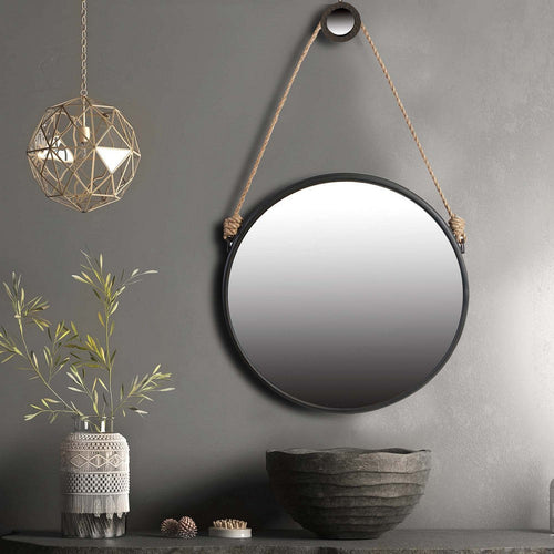 Wall Mirror | Round Metal Frame | Rope Hanger | Black