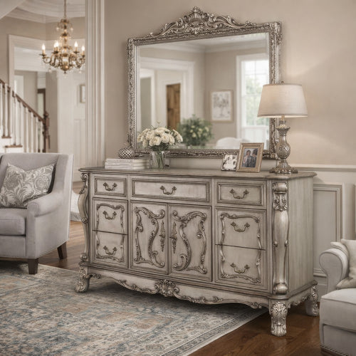 Traditional Wooden Nightstand with 7 Drawers and Carved Details, Silver