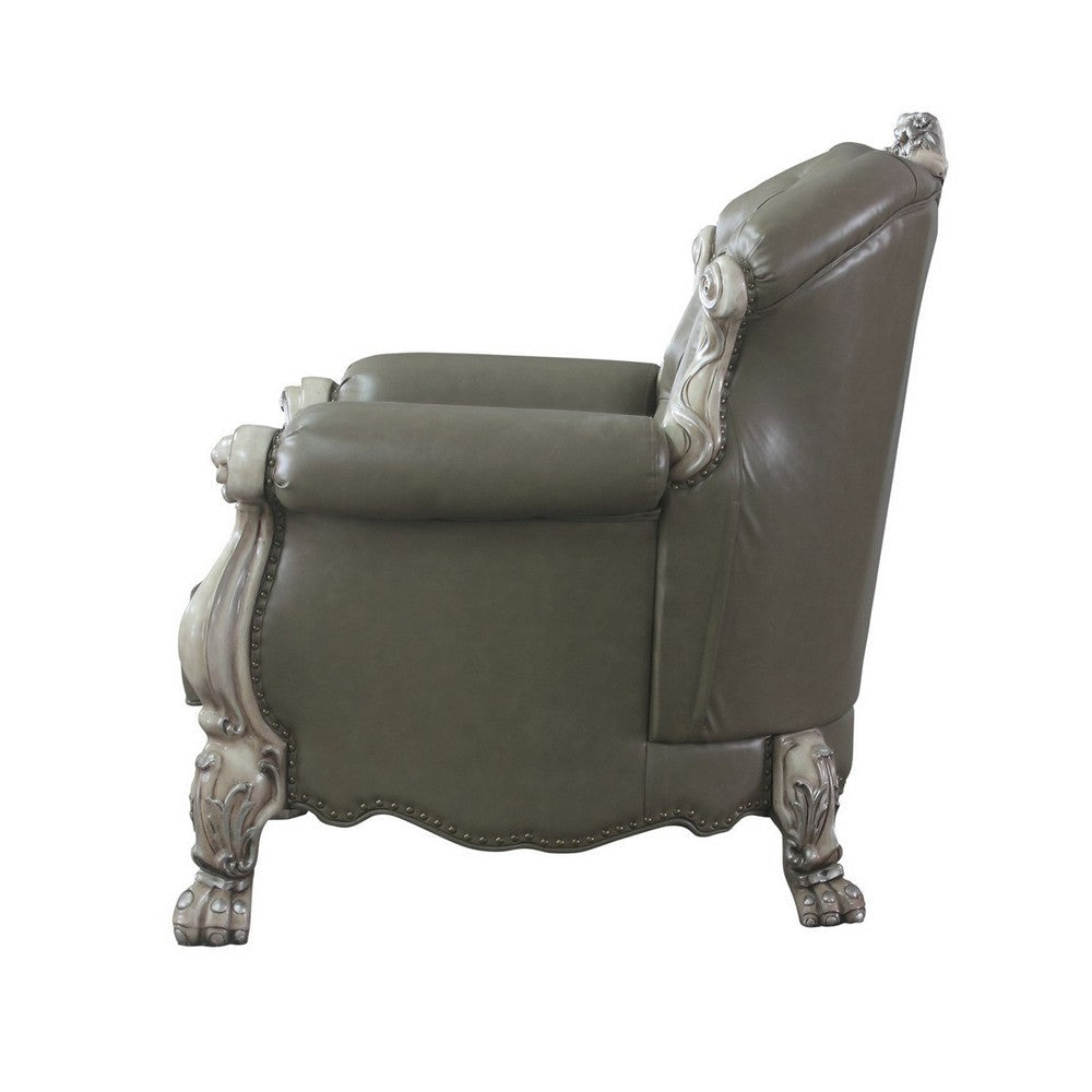 Traditional Leatherette Chair with Button Tufted and Carved Details,Gray BM226930