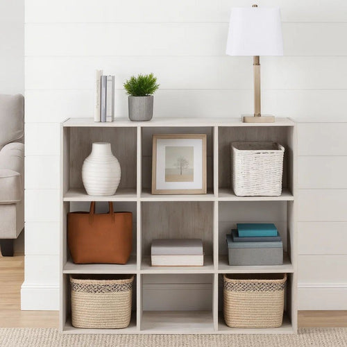 Ashley 9 Cube Wooden Organizer with Grain Details, Washed White