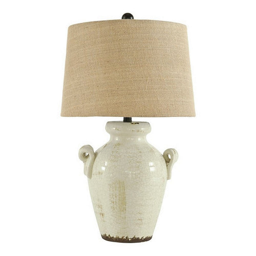 Table Lamp | Ceramic Vase Body | Fabric Shade | White & Beige