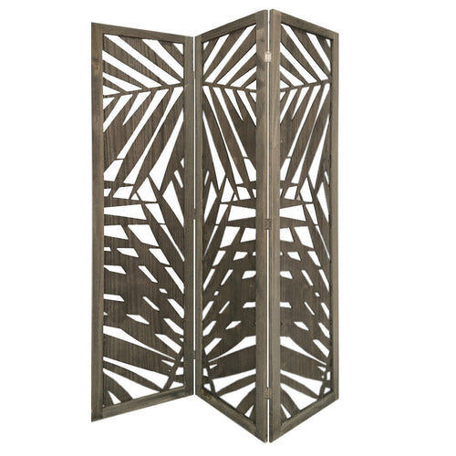3 Panel Wooden Screen with Laser Cut Tropical Leaf Design, Gray