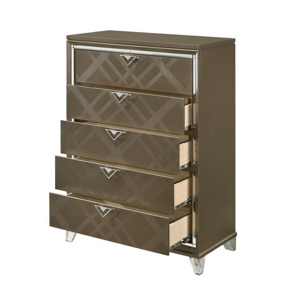 5 Drawer Wooden Chest with Acrylic Legs and Mirror Trim Taupe Brown BM230130