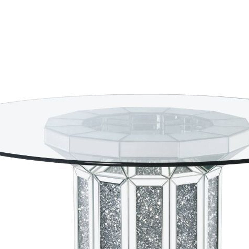 Round Glass Top Dining Table with Cross Oval Base Silver BM230702